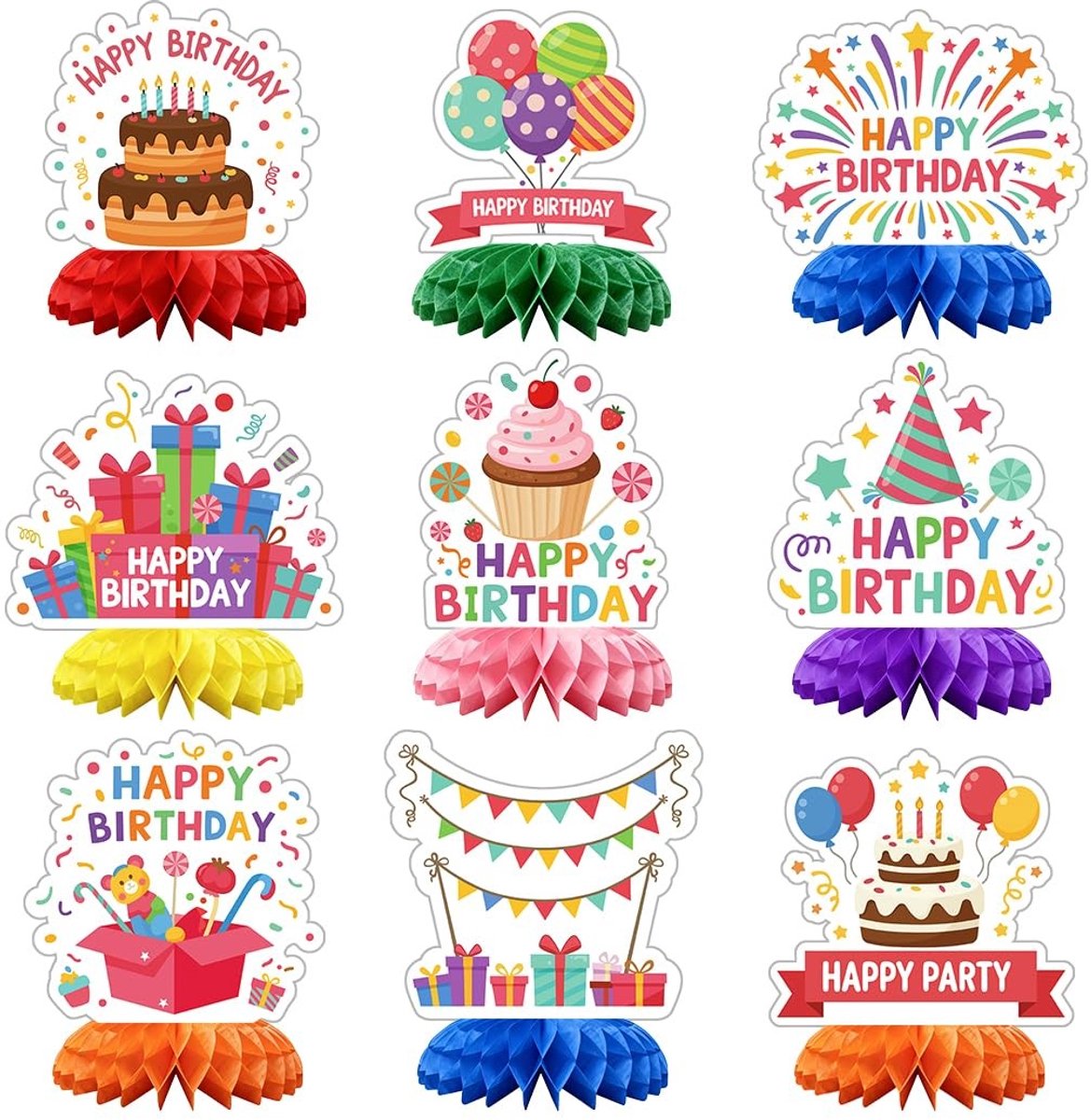 Dailygoods - 3D Honingraat tafeldecoratie voor verjaardag, 9 stuks, honingraat, tafeldecoraties, Happy Birthday, taartdecoratie, kleurrijk verjaardagsfeest, tafeldecoratie voor mannen, vrouwen en jongens
