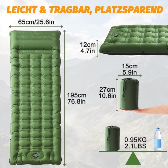 Dailygoods- Slaapmat zelfopblazend 12 cm dik - Waterdichte luchtmat - Ultralicht - Outdoor slaapmat - Inclusief voetpomp en kussen - Luchtmatras van Dailygoods — afbeelding 2