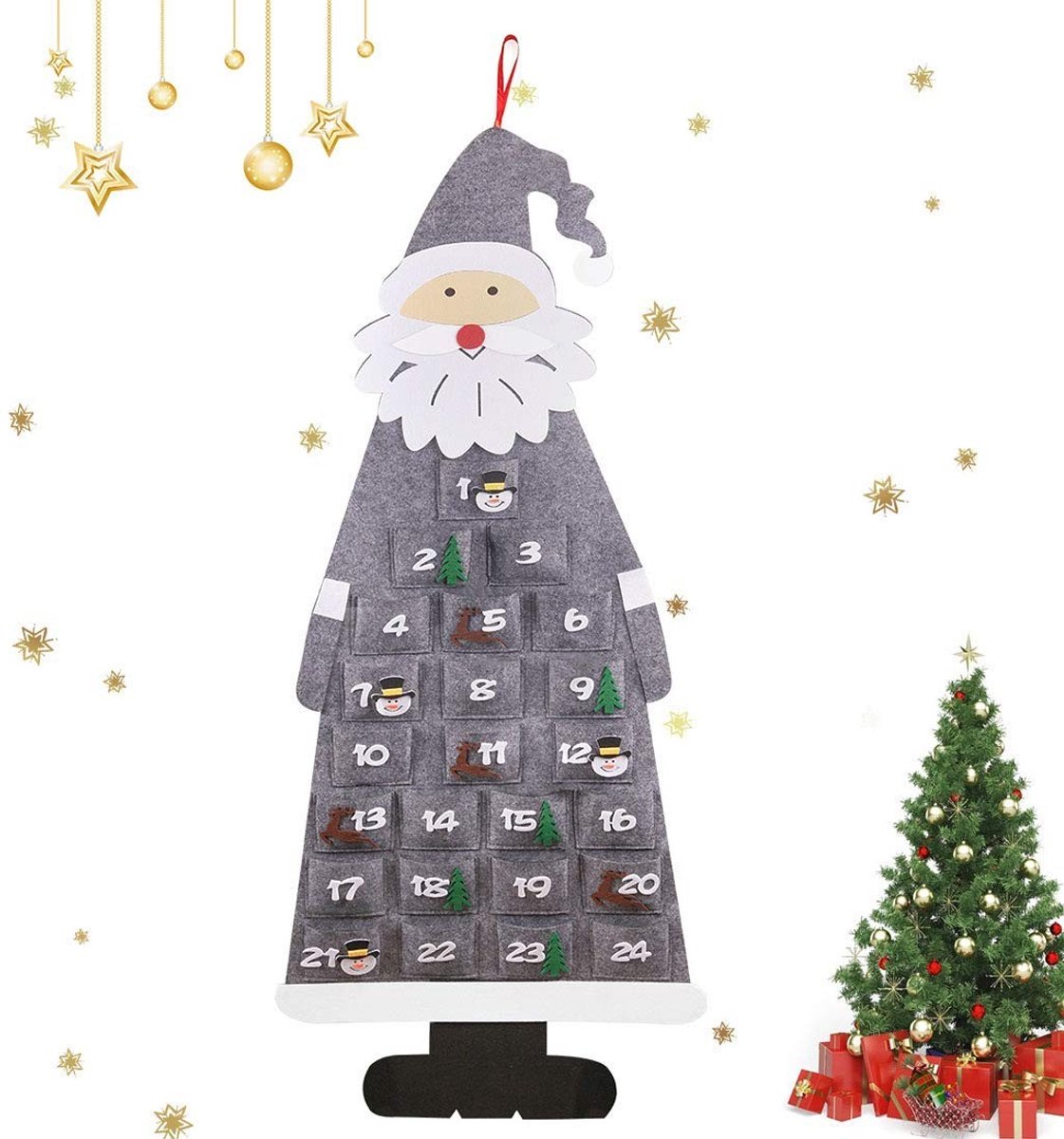 Dailygoods- Adventskalender Grijs Gemêleerd - 24 Deuren - Vilten Kalender - Zelf Te Vullen - Kerstman Design - Decoratieve Kalender - Kerstkalender