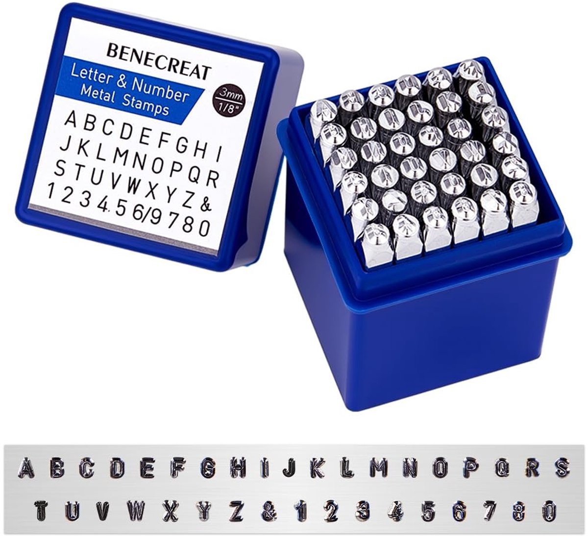 Dailygoods - BENECREAT 36 stuks 3 mm alfabet en Arabische cijfers, briefstempel/zegel, metalen reliëf-stempel, met koffertje, gegalvaniseerd hardkoolstofstaal gereedschap voor het stempelen van metaal, sieraden, leer, hout