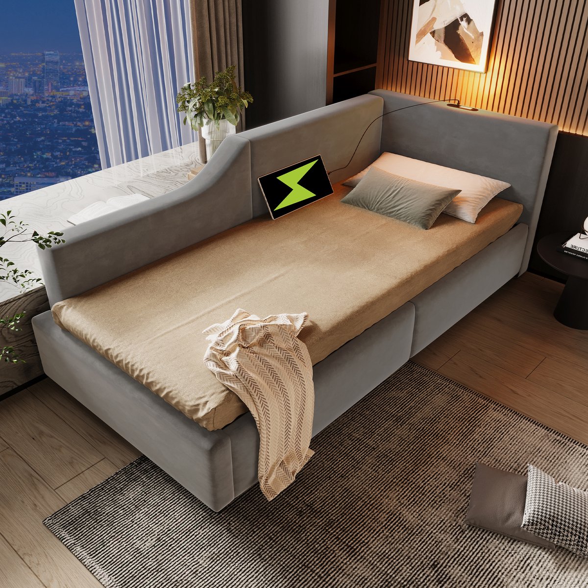 MEUNIQ Bedbank 90x200 cm met hydraulische opbergruimte, leeslamp, USB-C, houten lattenbode