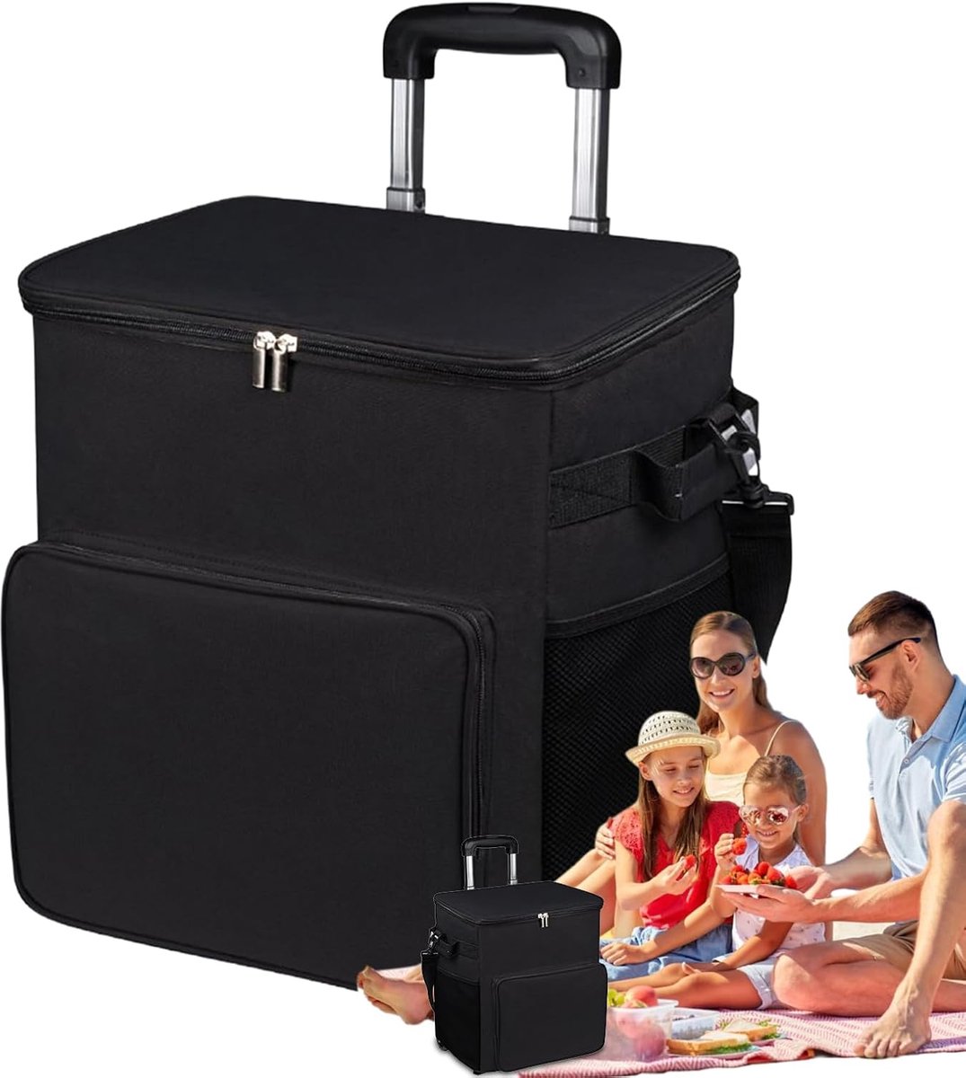 Koeltas met wielen - Koelbox op wieltjes - Boodschappen vervoeren - Waterdichte Oxford stof - 35 liter - Zwart