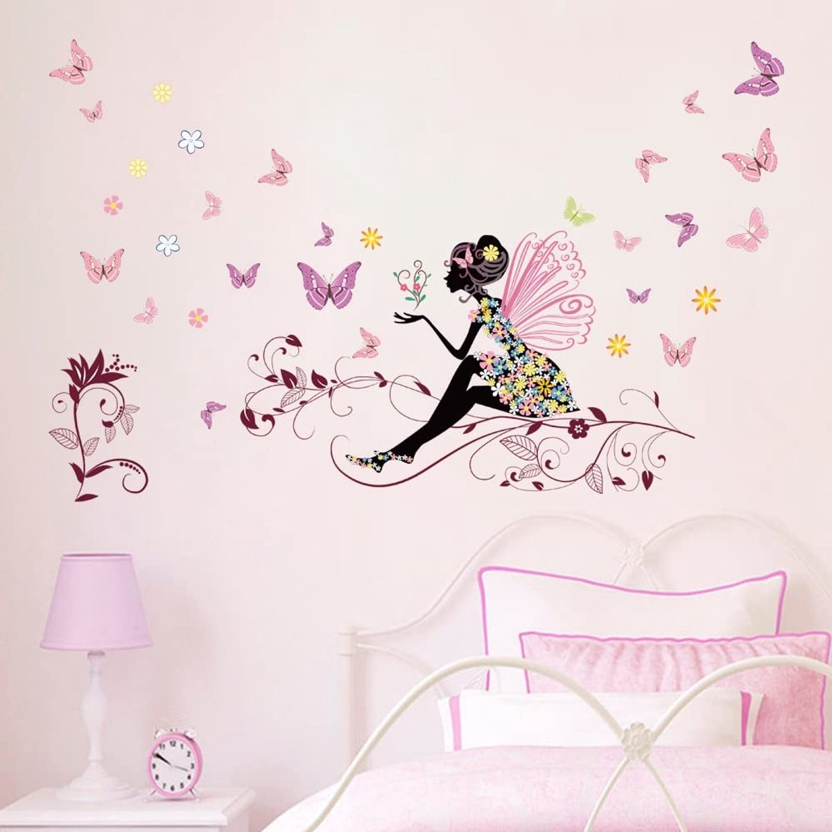 Dailygoods- Muursticker Roze Vlinder - Muurdecoratie Slaapkamer - Muurstickers Meisjes - Bloemen Wanddecoratie - Verwijderbaar Vinyl - Zelfklevend Design