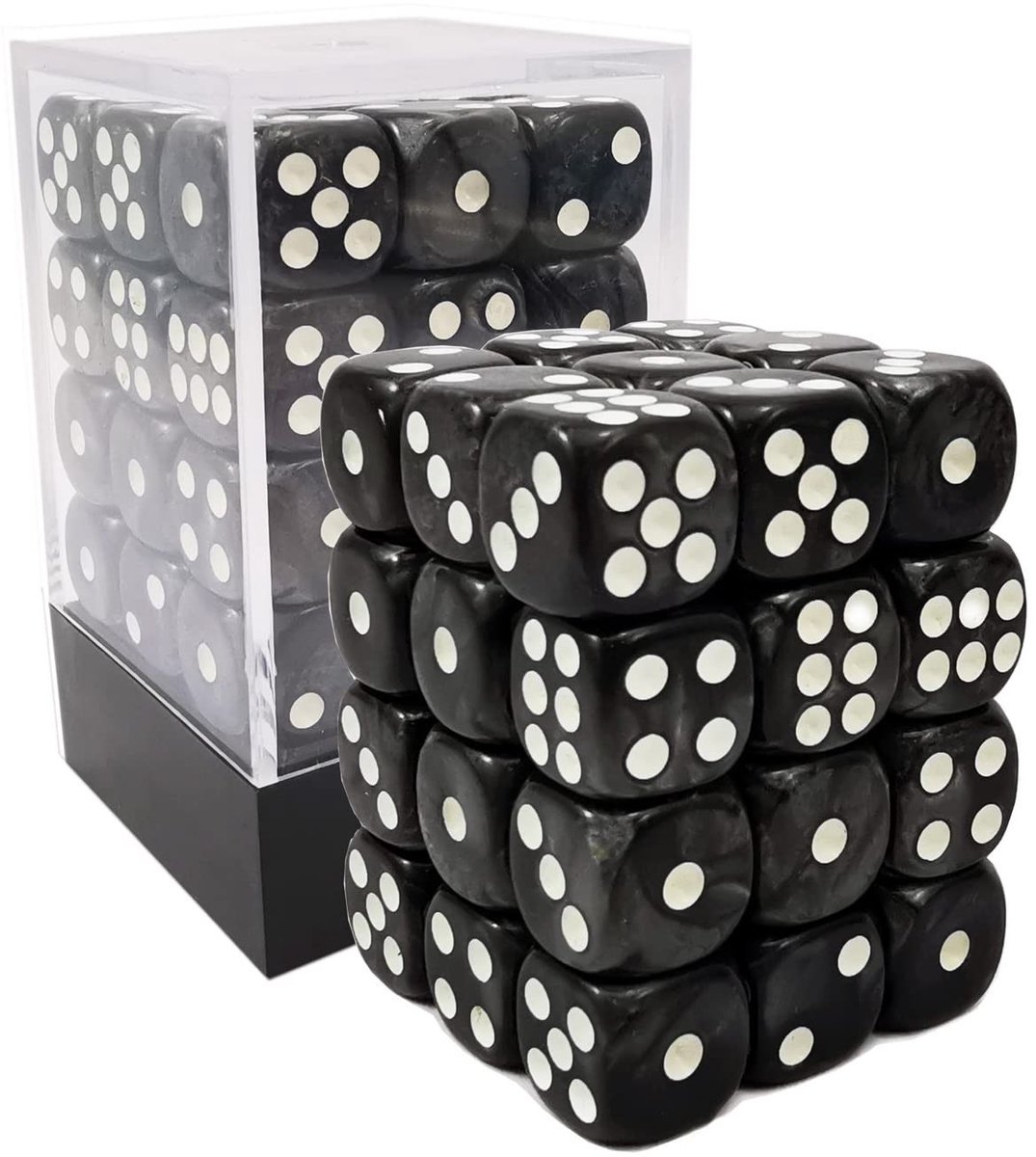 Dailygoods- Dobbelstenen Set 36 Stuks - 12 mm Zeszijdige Dobbelstenen - Marmerzwart met Witte Stippen - Dobbelsteen Bak - Geschikt voor Dungeons & Dragons - Verstikkingsgevaar - D6 Dobbelstenen