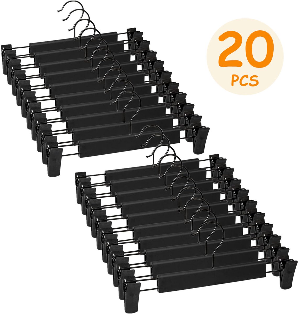 20 stuks Broekhangers-Non Slip Klemhangers-Kledinghangers voor Broeken-Ruimtebesparende Garderobe Hangers-Stevige Plastic Kleding Clips-Zwart