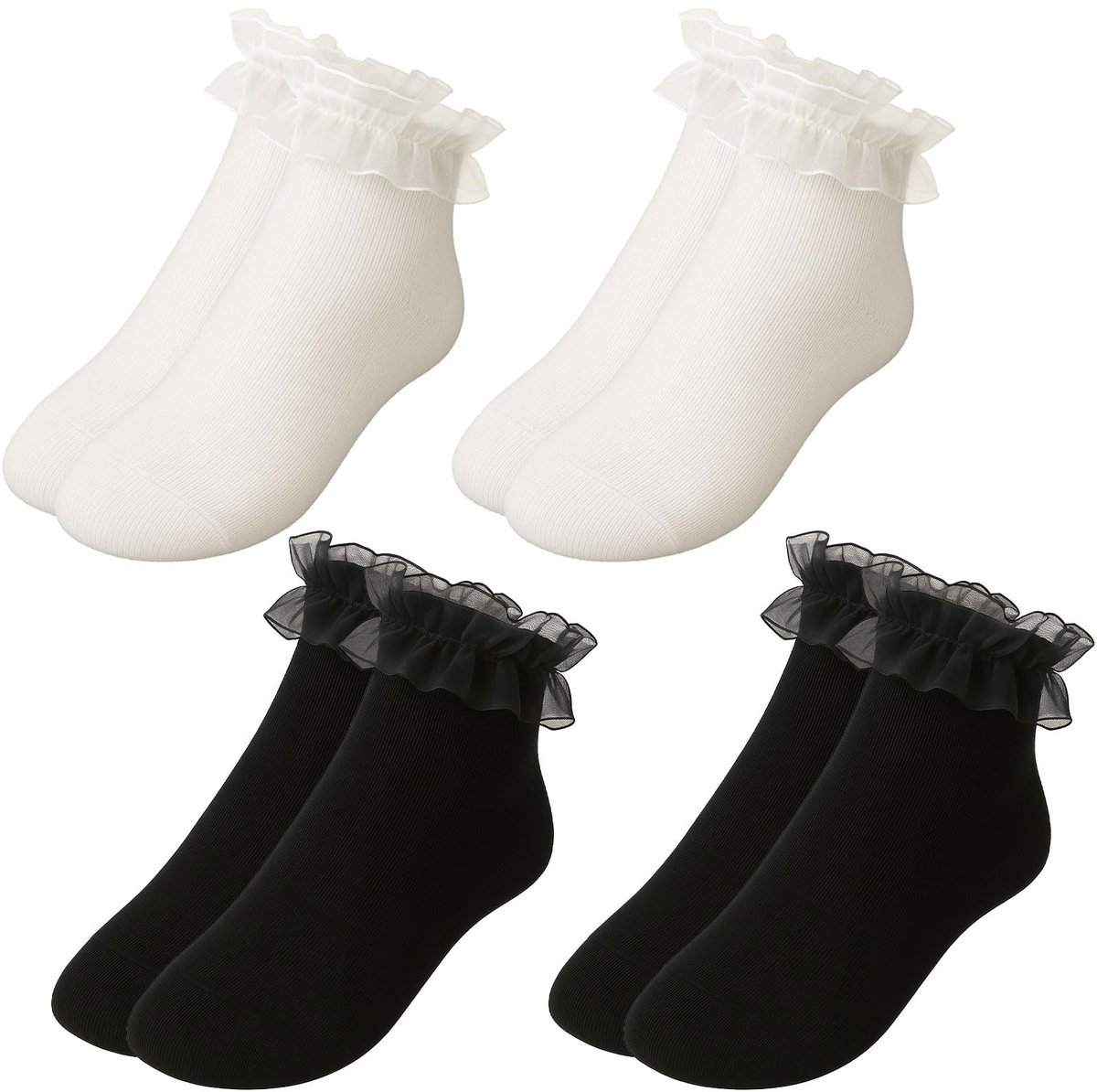 Dailygoods - GWAWG Kanten sokken met ruches, 4 paar enkelsokken voor volwassenen, zwart-witte ruches, balletsokken met stroken voor dames en meisjes