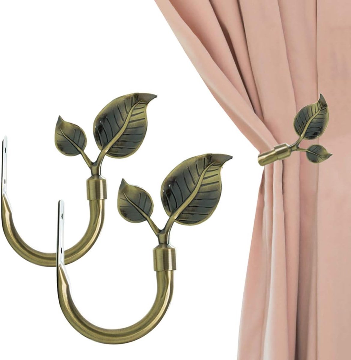 YAGXIG Gordijnhaken - Bladgordijnhaken - Gordijnmuurhaken - Wandmontage - Pack van 2 - Metalen gordijnbeugels - Voor muren, gordijnen Raamdecoratie - Brons