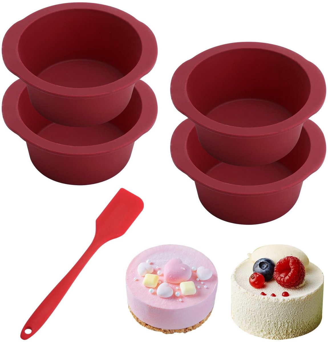 Dailygoods - Siliconen bakvorm, rond, set van 4 stuks deegschrapers, BPA-vrij, taartvorm, Ø 12,6 cm, voor airfryer en oven, anti-aanbak, mini-taartvorm voor muffins, pudding, taarten