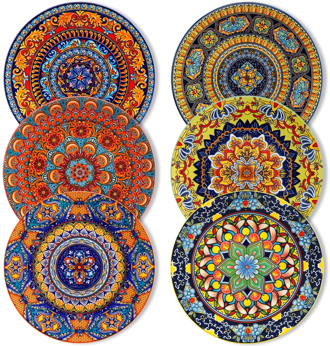 Dailygoods- Dinerborden Set van 6 - 10,5 Inch - Boheemse Kunst - Chipbestendig - Keramiek - Gelaagde Glazuurtechniek - Serviesset