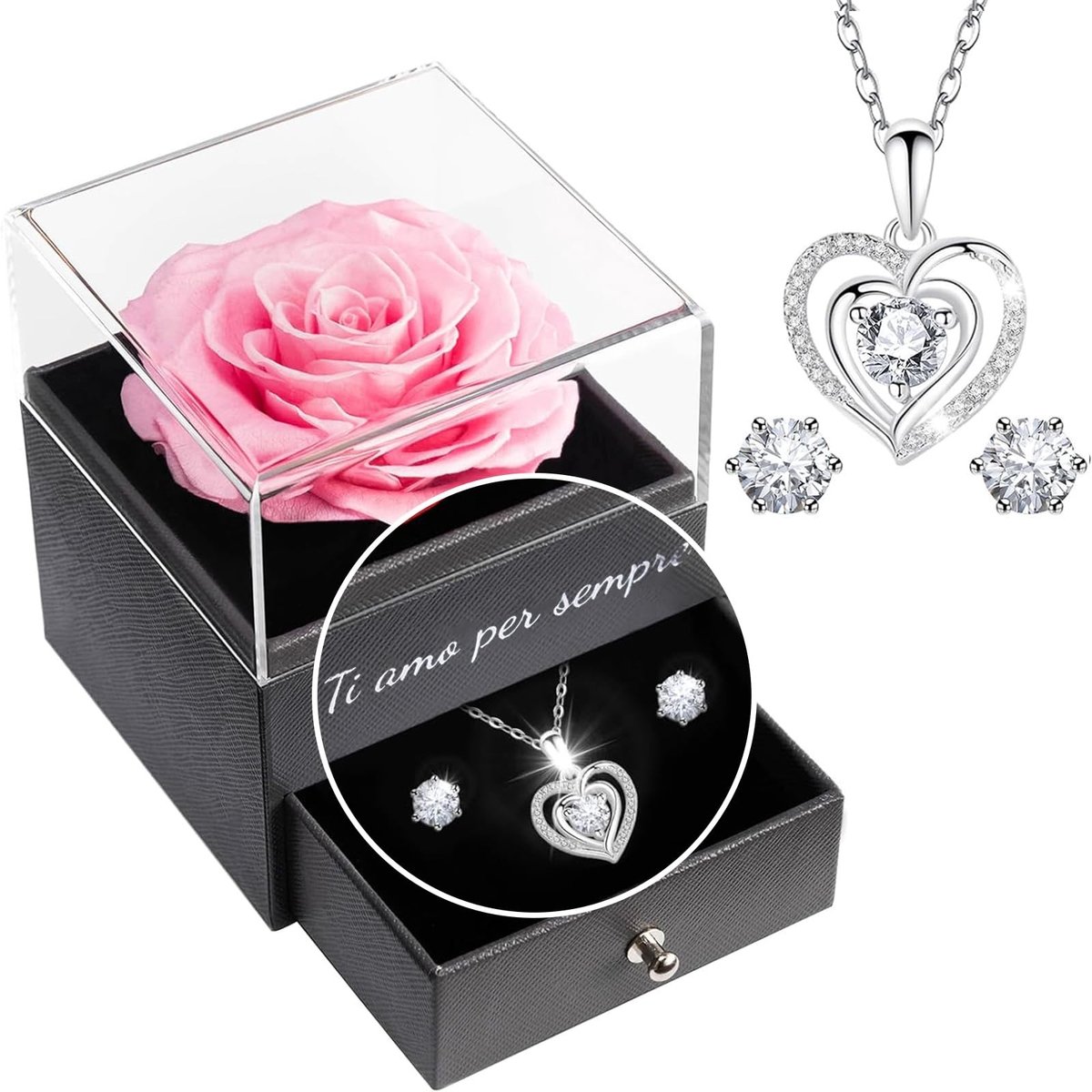 Dailygoods- Geconserveerde Rozen - 100% Echte Rozen - Duurzaam Cadeau - Sieradenset - Wenskaart - Perfect voor Valentijnsdag - Bloemen