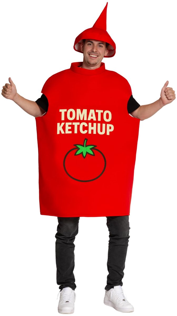 Dailygoods- Ketchup Kostuum Grappige Feestoutfit - Volwassenen Kostuum - Carnaval Outfit - Opvallend Design - One Size - Comfortabele Pasvorm - Voedsel Kostuum