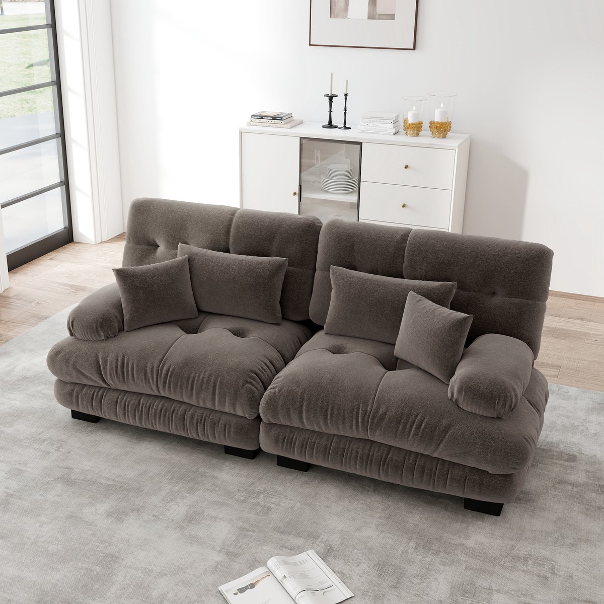 DESMIU Hoekbank 220 Cm - Cloud Design Met Diepe Zitting En Kussens - Voor Woonkamer En Lounge - Chenille - Bruin