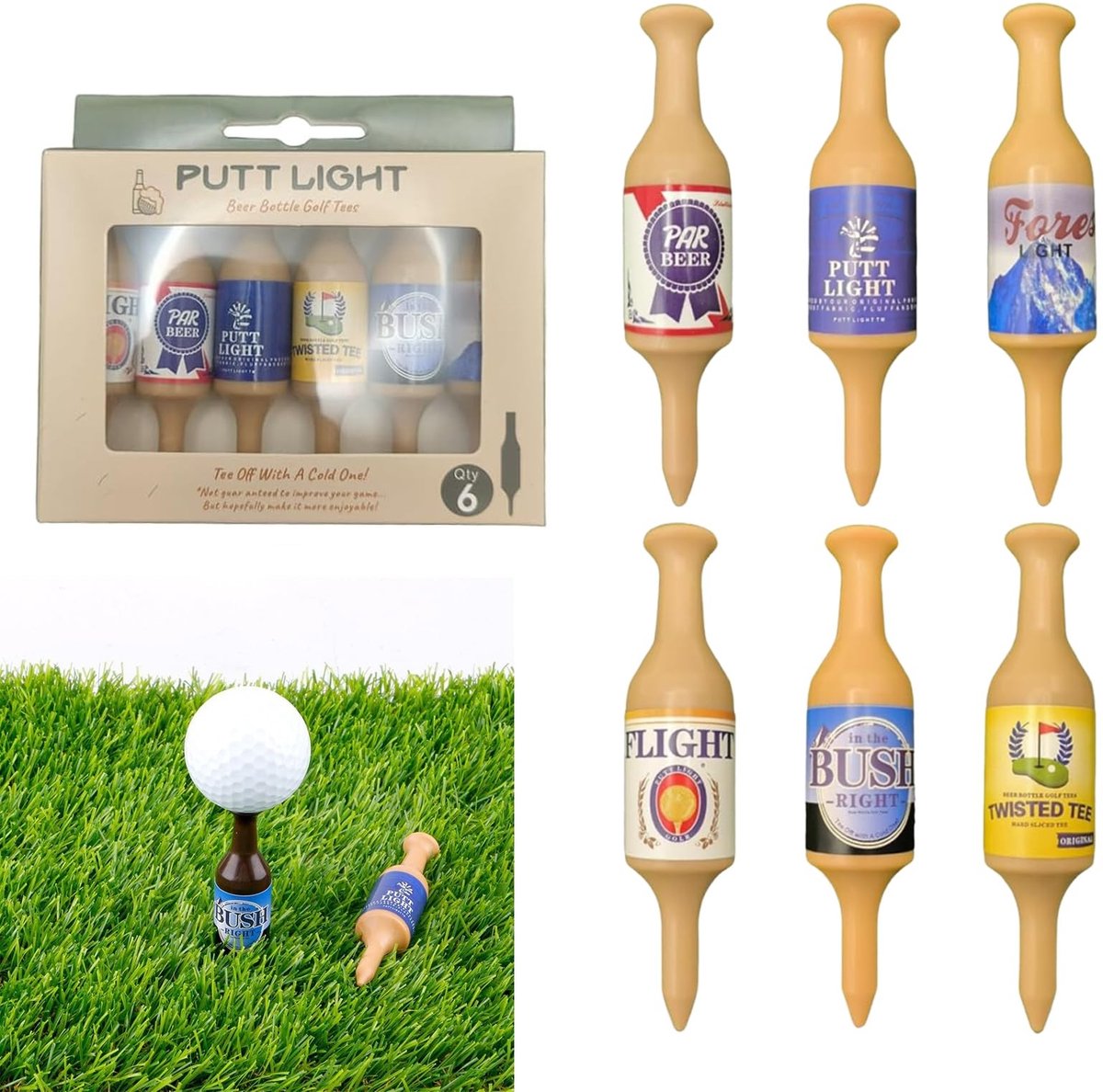 Dailygoods - Golf-Tees Bierfles, grappige golfthee, kunststof, 9 cm, duurzame golf thee-accessoires, driver, golftheeset, herbruikbare thee, golf voor het oefenen, cadeau voor golfers (lichtbruin)