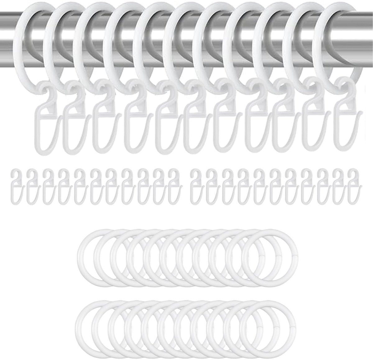 Dailygoods - 200 stuks gordijnringen, wit, set van 100 stuks, gordijnringen en 100 kunststof gordijnhaken, gordijnringen met haken, 30 mm binnendiameter gordijnring voor deur, douchegordijn, gordijnroedes