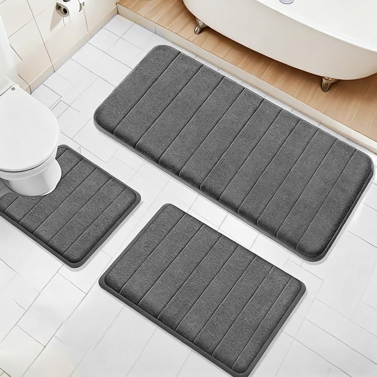 Dailygoods - Badmat, 3 stuks, zachte badmat van traagschuim en U-vormige wc-mat, antislip, absorberend, wasbaar, zacht en sneldrogend, badkamertapijt voor douche, toilet en bad (diepgrijs)