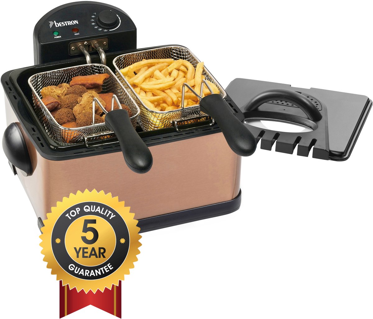 Bol.com Bestron Frituurpan 4.5 liter - DF402CO - Friteuse 2000W - 1 grote, 2 kleine manden, kijkvenster - Koper - 5 jaar garantie aanbieding