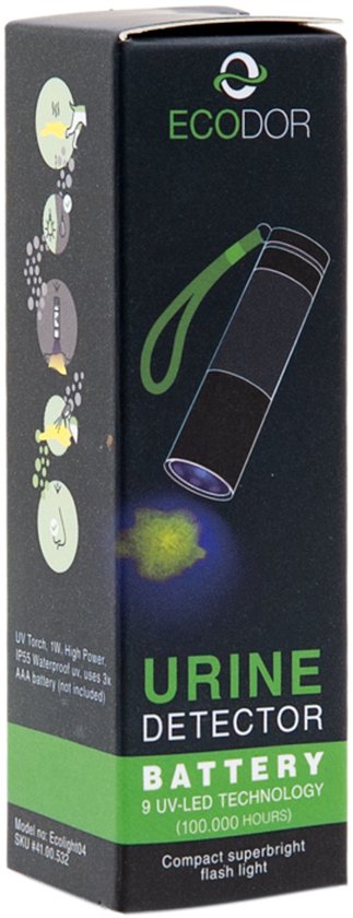 Zwarte EcoLight urine detector verpakking met illustraties van het gebruik, en productinformatie.