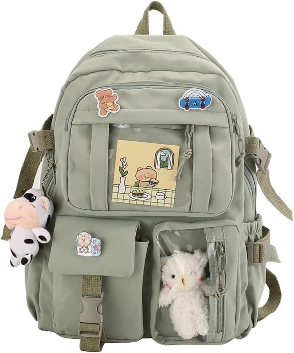 YAGXIG Leuke Rugzak - Met Leuke Broche Accessoires - Pluche Hanger - Schooltas - Rugzak voor Meisjes - Groen - Canvas Rugzak - Cadeau voor de start van het schooljaar