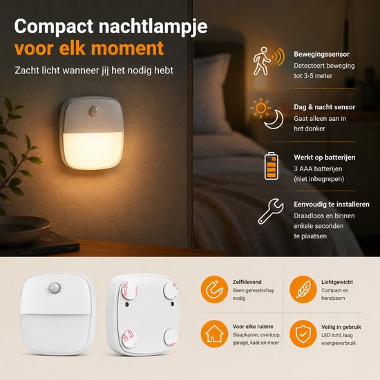 3x WoonWonder Nachtlampje met bewegingssensor - Draadloos - voor o.a. Slaapkamer, Overloop, Garage - Dag en Nacht Sensor - Werkt op 3 AAA batterijen van WoonWonder — afbeelding 4