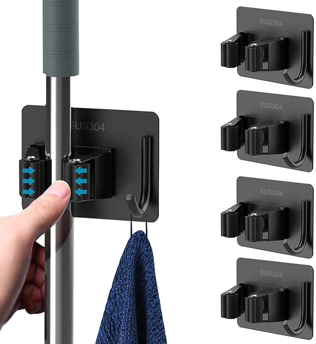 Dailygoods- Bezemerhouder Zelfklevend - Gereedschapshouder - Wanddweilhouder - Roestvrij Staal - Zwart/Grijs - Eenvoudige Installatie