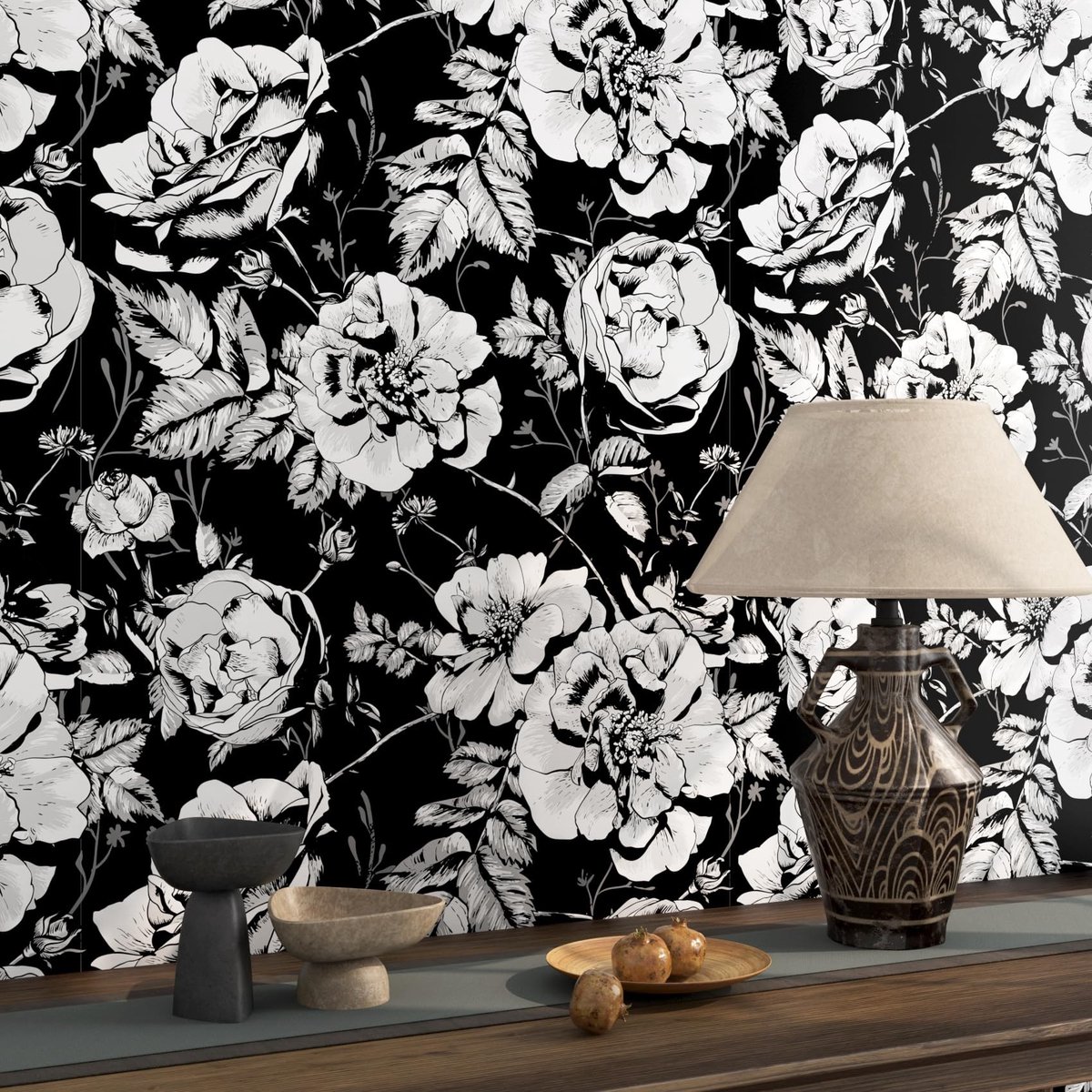 Dailygoods - FunStick 44.5CMx9M Zwart Bloemen Behang Zelfklevend Zwart en Wit Patroon Behang Gothic Zwart Peel en Stick Behang voor Slaapkamer Keuken Vinyl Wrap voor Kasten Zwart Rose Behang