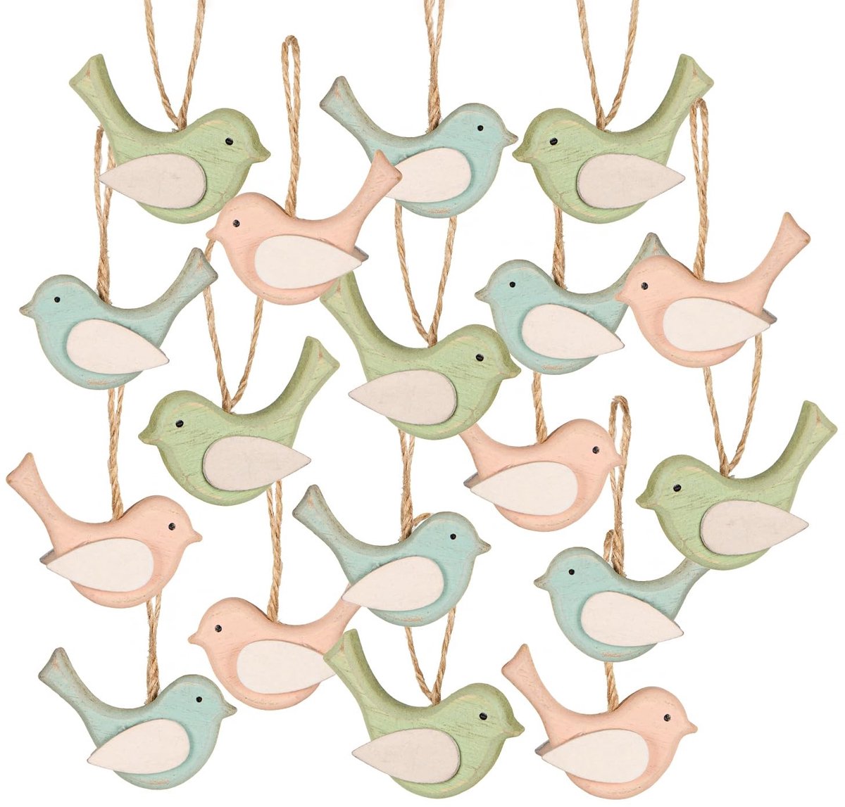 Dailygoods- Houten Hangers - 18 Vogels - Lente/Paasdecoratie - Cadeau - Decoratie - Pastelkleuren - 6 cm - Decoratiehangers