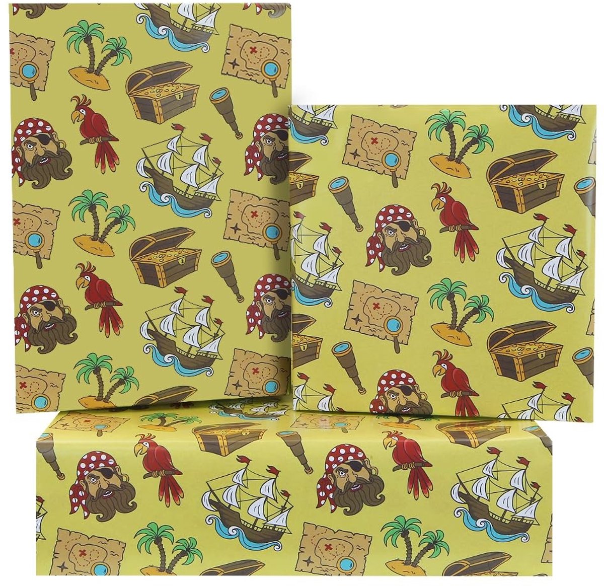 Dailygoods- Verjaardagsinpakpapier Geel - Cadeaupapier Kinderen - Piraten Ontwerp - 4 Vellen 50x70cm - Feestdecoratie - Babyshower
