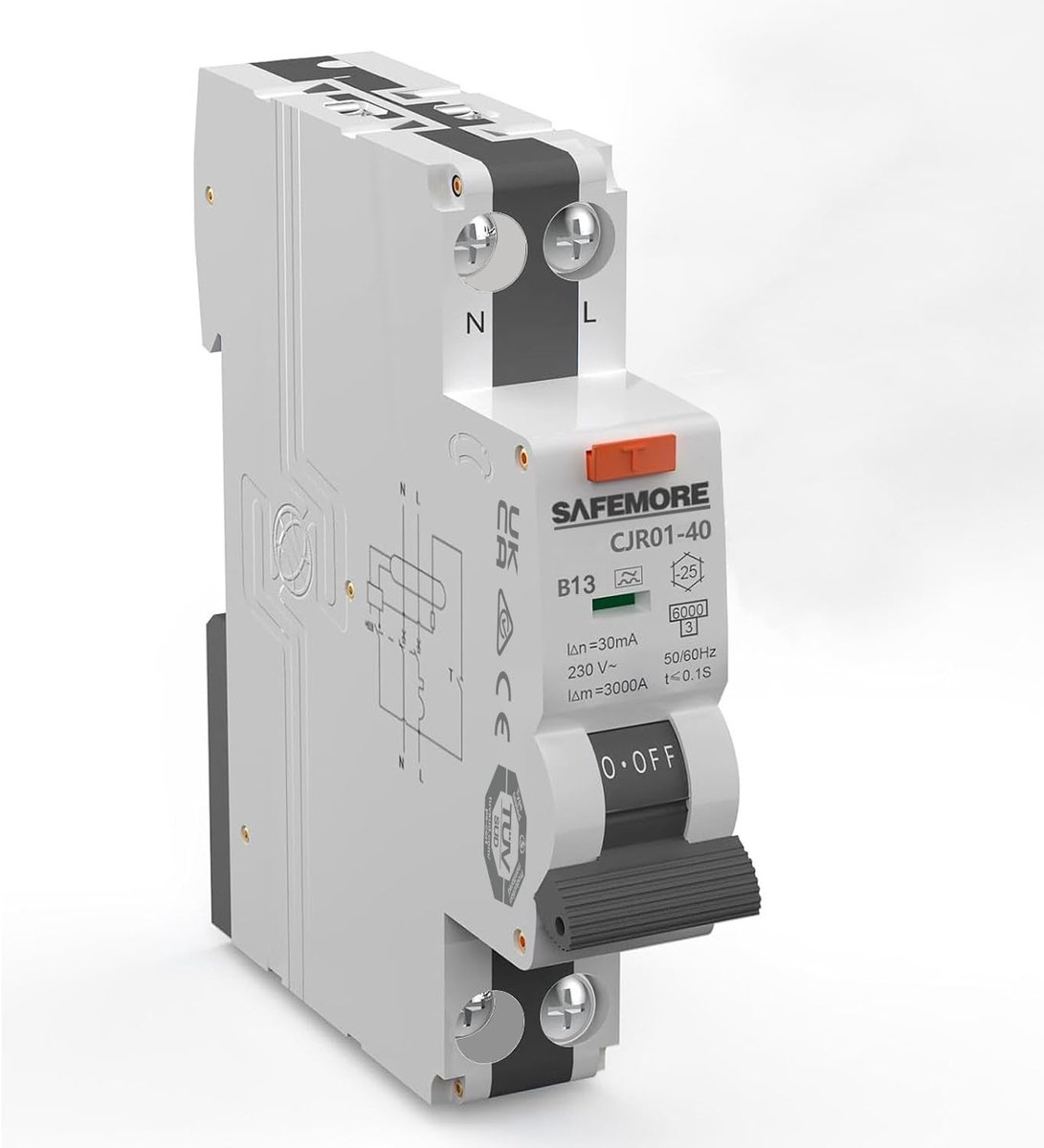 Aardlekschakelaar 13A - FI/LS-schakelaar RCBO - Elektrische beveiliging - Bidirectionele bescherming - 1P+N - Grijs