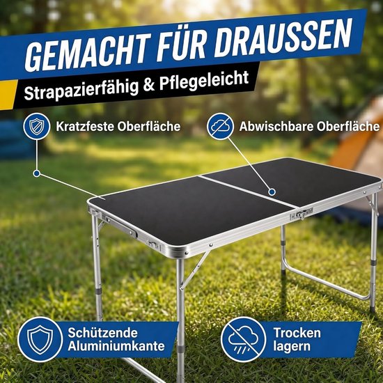 Denz Outside - Opvouwbare Aluminium Campingtafel 120x60 cm - Klaptafel voor Tuin, Camping en Outdoor, Zwart van Denz — afbeelding 4
