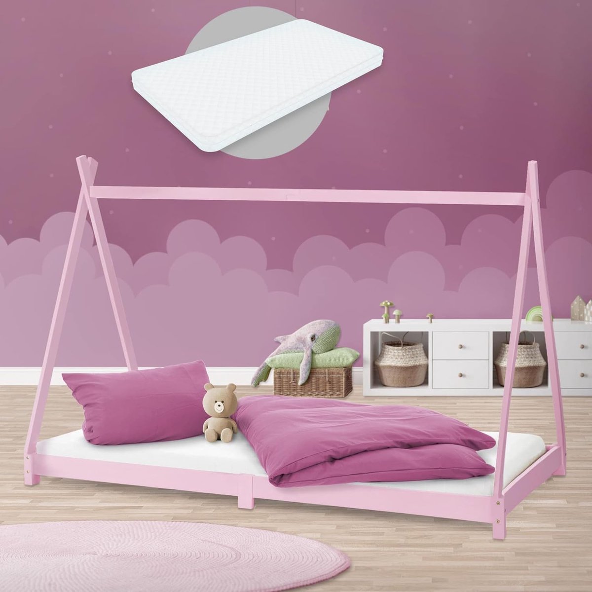 Kinderbed huisje - Tipi bed - Spelend slapen - Inclusief matras - 90x200 cm - Roze