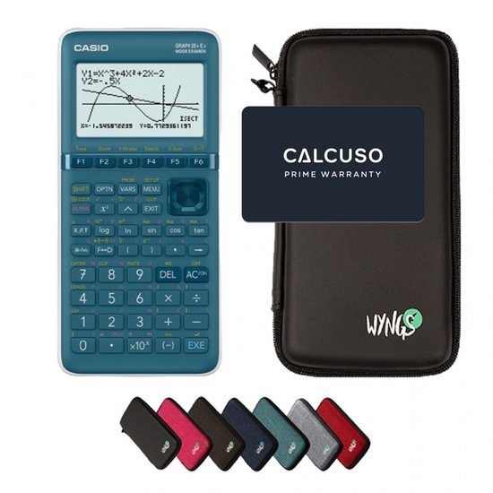 Blauwe Casio grafische rekenmachine in zwarte WYNGS hoes, met een garantiekaart en zeven hoesjes.