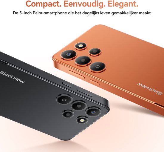 Zwarte en oranje smartphone met camera's op de achterkant, naast elkaar.