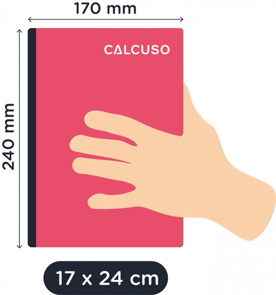 Een hand die een roze notitieboek van 17 x 24 cm vasthoudt met het CALCUSO-logo.