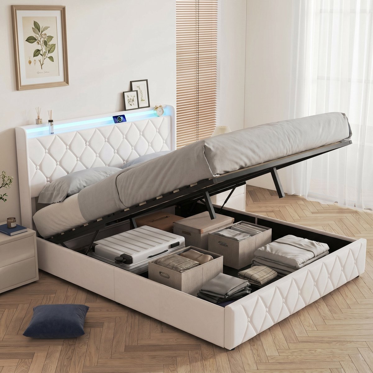 Opbergbed 160x200 cm - Gestoffeerd Tweepersoonsbed met RGB LED en laadstation - Fluwelen bed - Modern - Beige