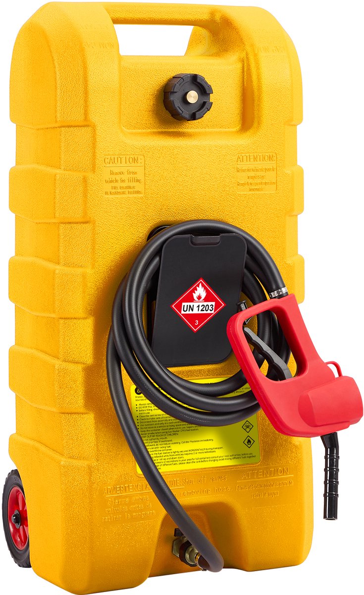 Geel 15 gallon (56 l) brandstofwagen op wielen met handoverpomppomp en 300 cm slang – slanke robuuste brandstoftank voor benzine en diesel, geschikt voor grasmaaier, auto, boot, ATV, thuisgebruik en landbouw