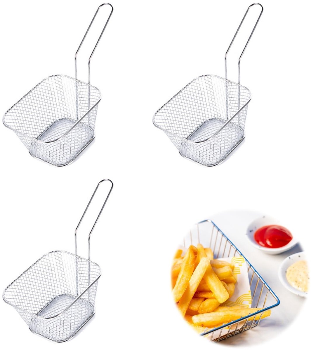 Dailygoods- Frituurmand mini - 3 stuks - Roestvrij staal - Met
