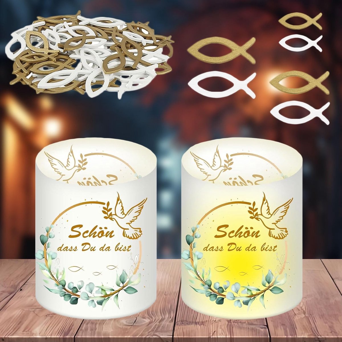 Dailygoods- Communiedecoratie 76 Stuks - Tafeldecoratie - Vissersdecoratie - Houten Decoratie - Windlicht - Geschikt voor Theelichtjes - Tafelversiering