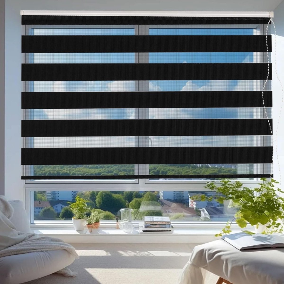 Duo Rolgordijn - Zonwering Gordijn - Privacy Instellen - Dubbele Strepen - 75x150 cm - Zwart