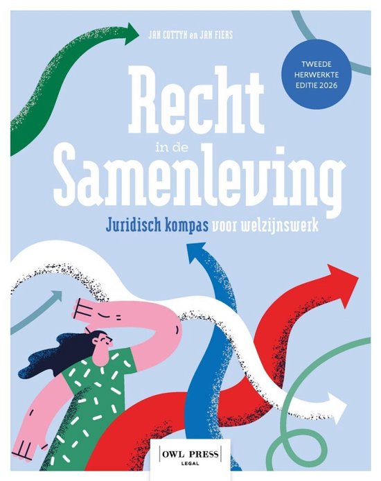 Couverture de livre avec le titre 'Recht in de samenleving - Juridisch kompas voor welzijnswerk'. Des flèches vertes, rouges et bleues montent autour de l'illustration d'une femme.