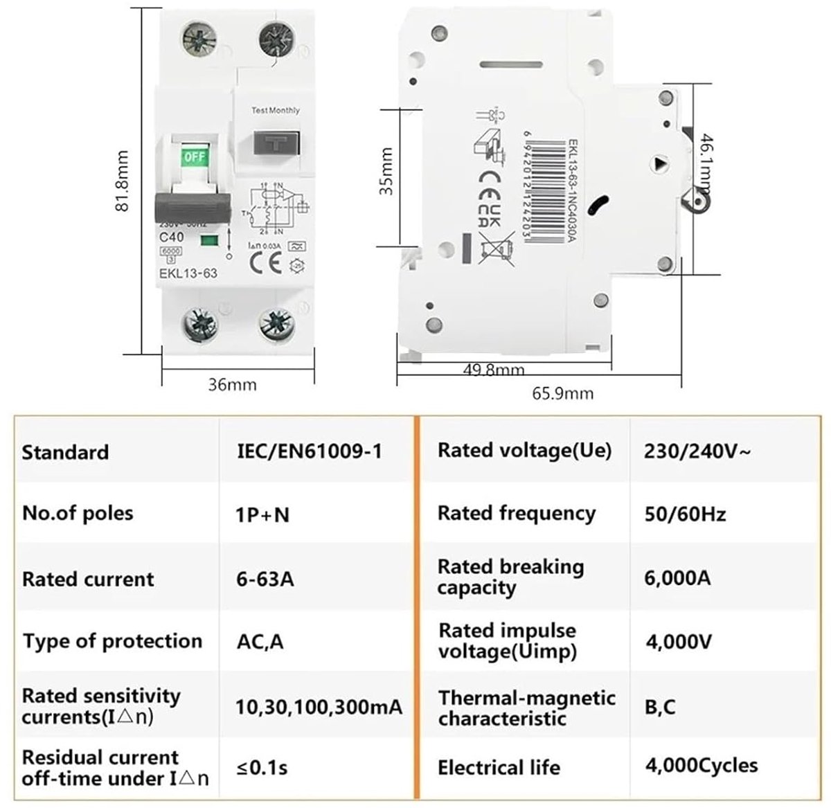 Stroomonderbreker - Lekstroombeveiliging - Elektrische veiligheid - 30mA gevoeligheid - 2P - Wit
