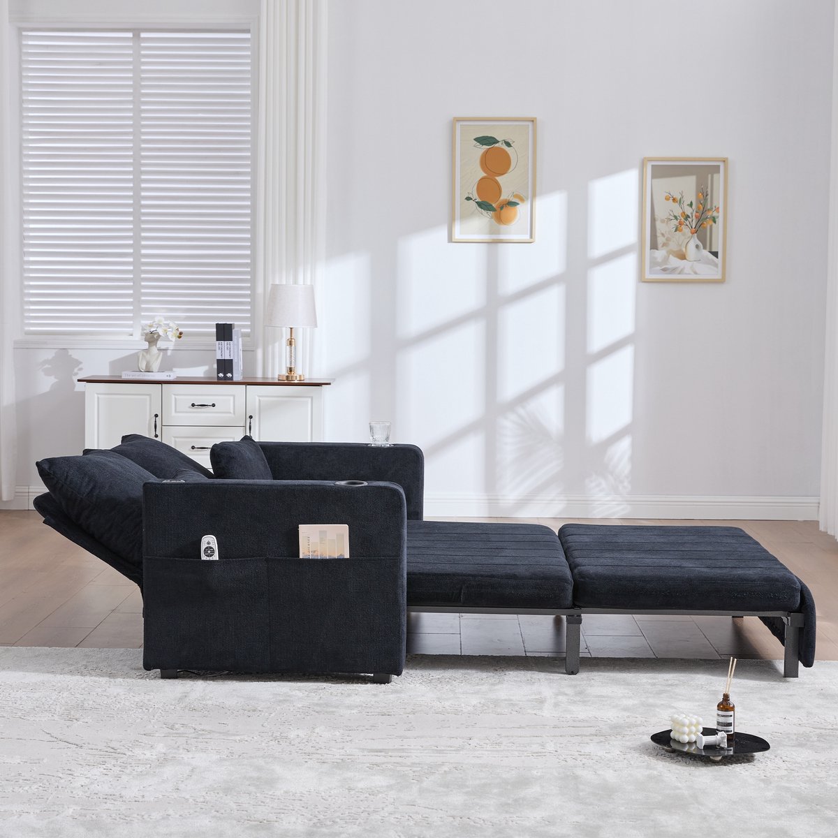 MIVRAY Slaapbank 139 x 83 x 58 cm - Uitschuifbaar Met Opbergvakken - Voor Kleine Woonruimte En Logeerkamer - Chenille Zwart Onbekend
