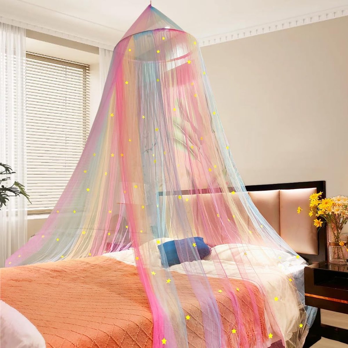 Prinsessen Bedhemel - Muggennet Sterren - Slaapkamer Decoratie - Lichtgevende Sterren - 60 x 250 x 1250 cm - Multicolor