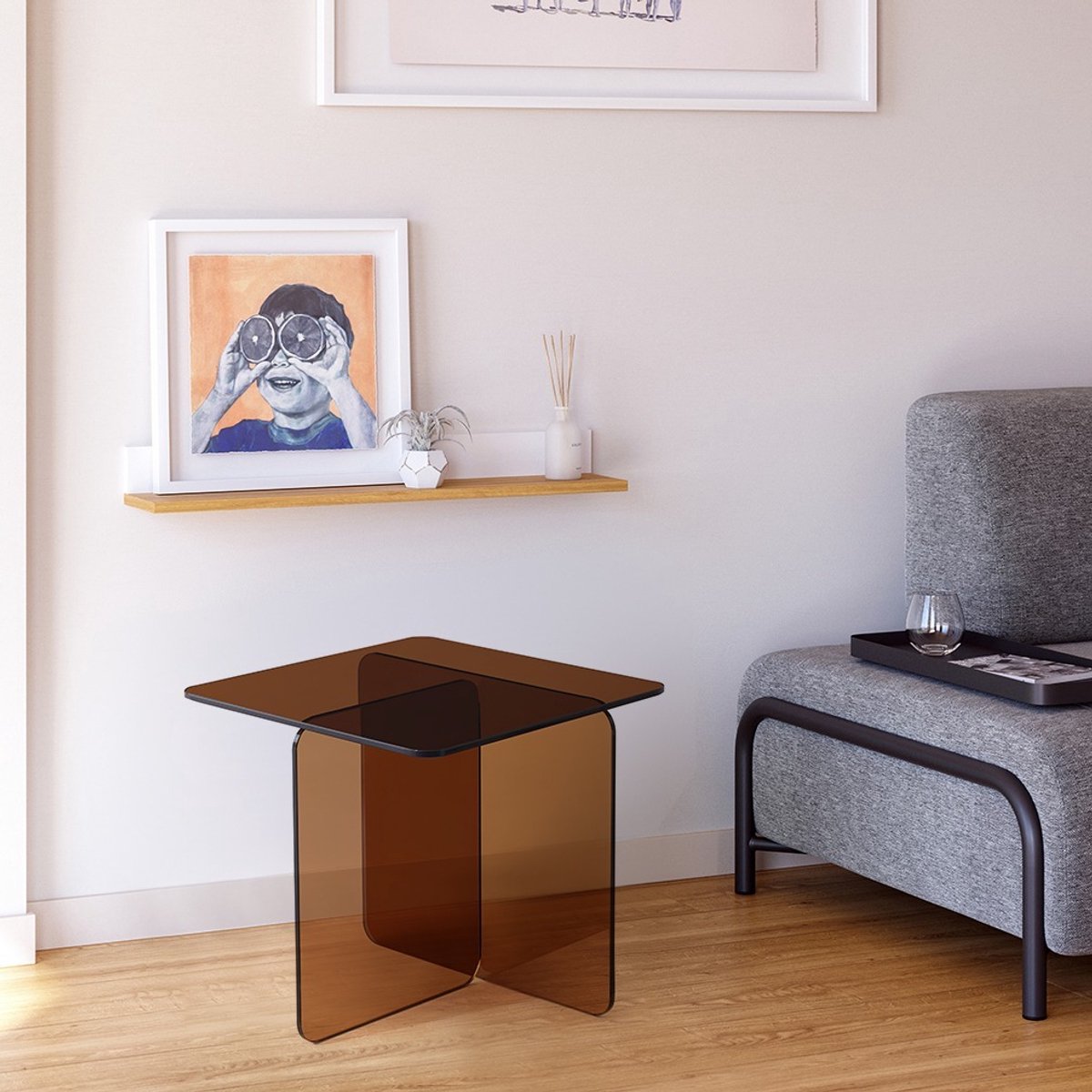 YYchan gebogen glazen bijzettafel van gehard glas - bruin - 45 x 45 x 51 cm