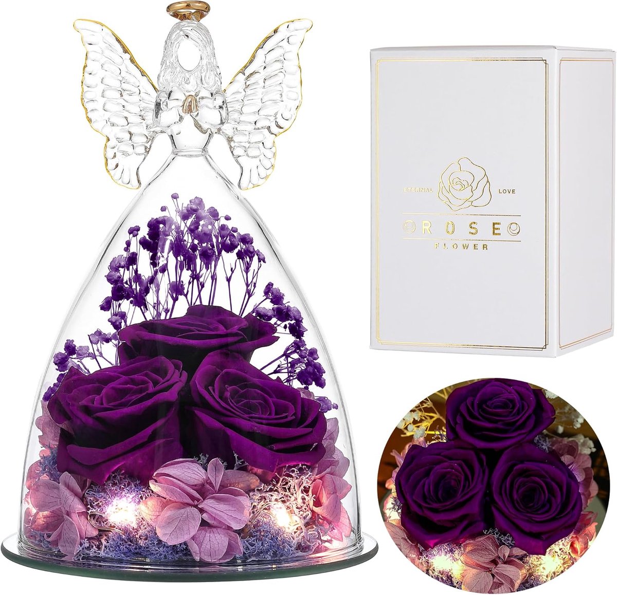 Glazen Engel Roos - Eeuwige Bloemen - Cadeau Geven - Echte Rozen Behandeld - 11 x 11 x 17 cm