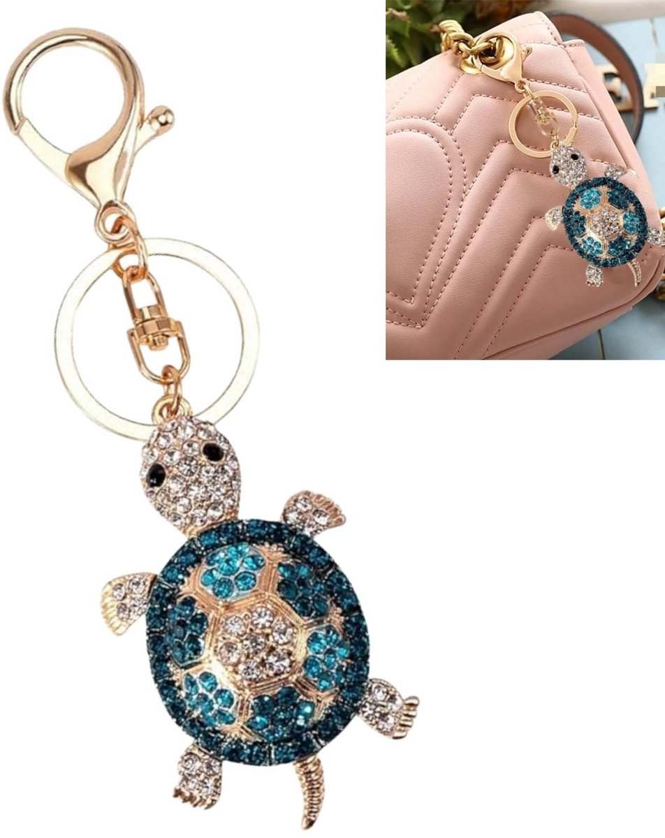 Dailygoods- Sleutelhanger Schildpad - Metalen Sleutelhanger - Decoratieve Sleutelhanger - Sleutelhanger voor Handtas - Sleutelhanger voor Rugzak - Blauwe Strass Steentjes - Afmetingen 12 x 3 x 1 cm - Sleutelhangeraccessoire