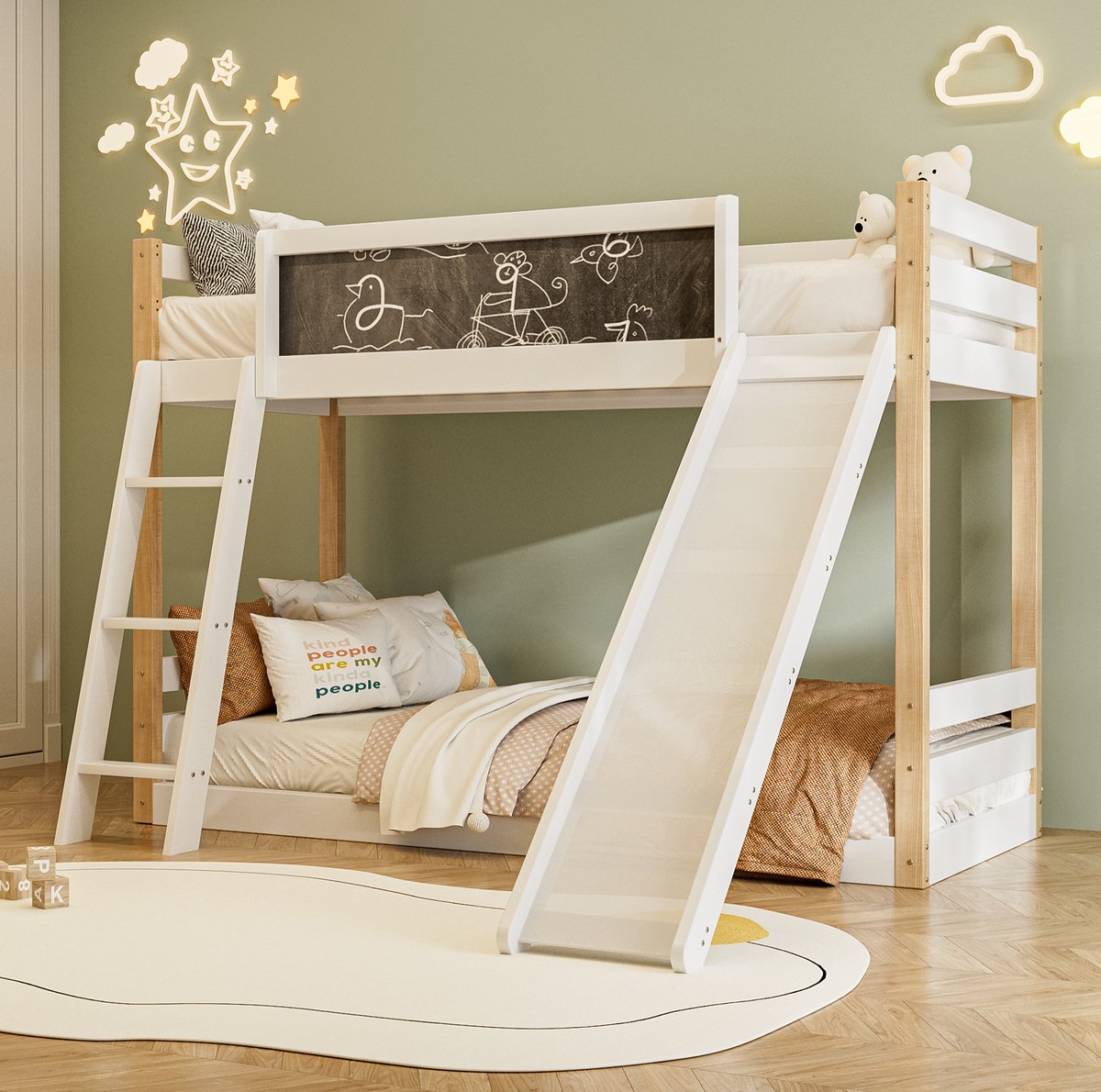 MEUNIQ kinder stapelbed 204 x 95 x 127,5 cm met glijbaan, trap, uitvalbeveiliging en krijtbordpaneel, hoog laag bed voor kinderkamer, wit