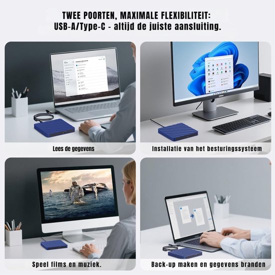 QORA® Externe DVD Speler voor Laptop - Externe DVD Speler - DVD Speler - Blauw - ‎19cm x 17cm x 4cm — afbeelding 2