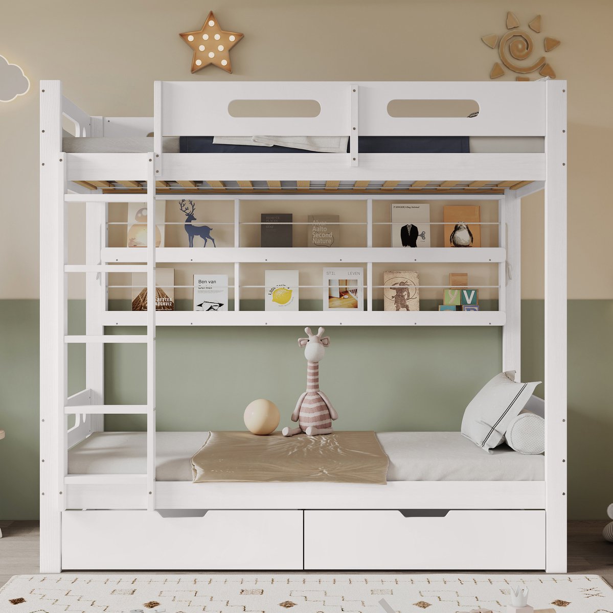 MEUNIQ Stapelbed 90x200 cm met uitvalbeveiliging, 2 lades op wielen, open opbergrek en 5-treden ladder, kinderbed voor kinderkamer, wit
