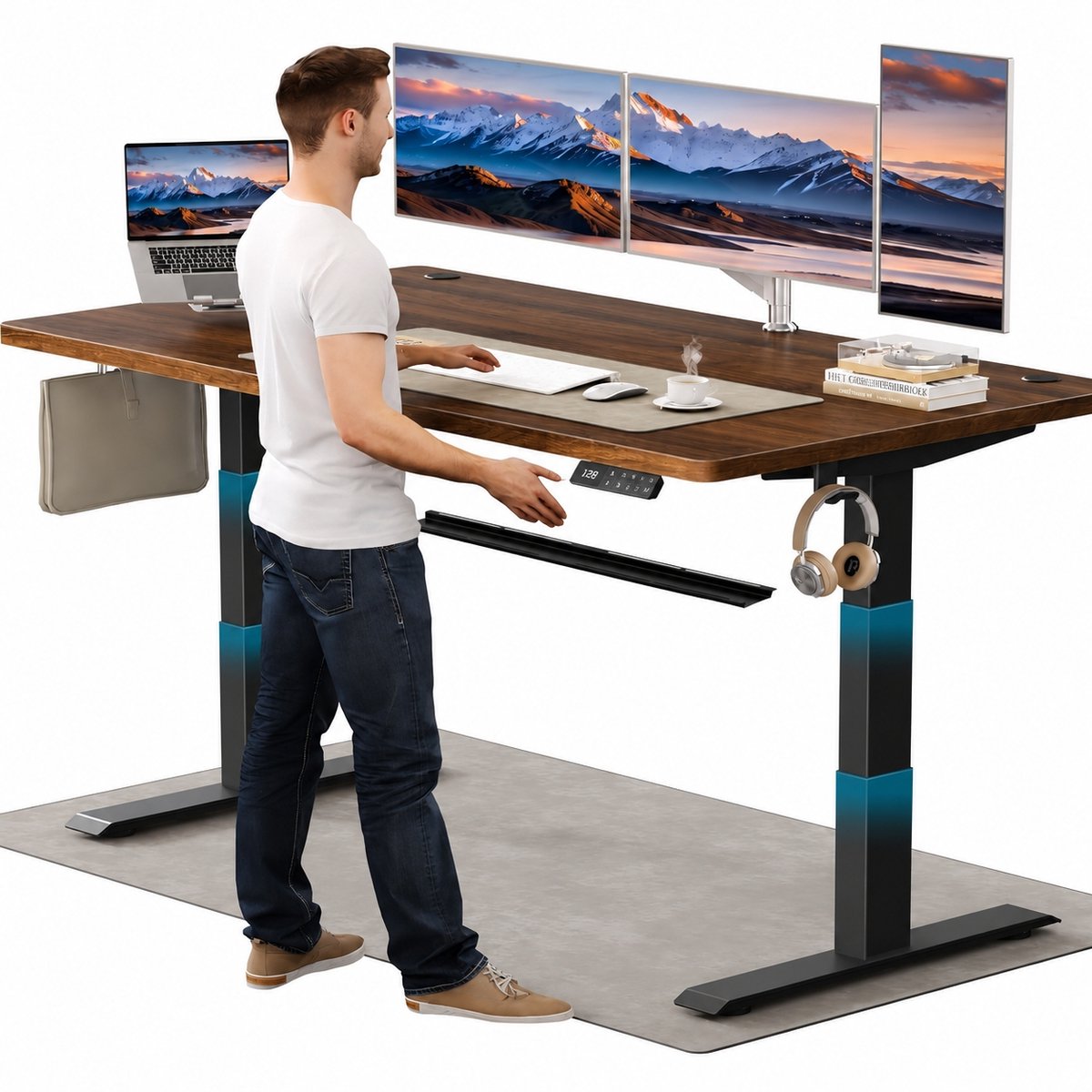 Devoko Elektrisch Zit-Sta Bureau 180x80 cm - Elektrisch Verstelbaar Bureau - In Hoogte Verstelbaar 63-128 cm - 25 mm FSC Tafelblad - Dubbele Motor - 125 kg - Bruin