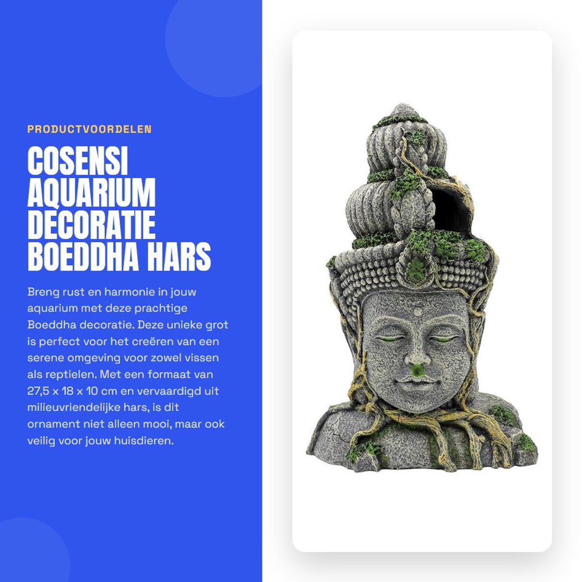 Dailygoods- Aquariumdecoratie Boeddha - Hars Ornament - Grot Verbergen - Groene Planten - 27,5 x 18 x 10 cm - Milieuvriendelijk Materiaal - Aquarium Ornament